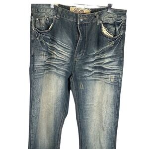 GS115 Jeans Men Blue Sandblasted Wash Straight Leg Embroidered Back Pocket Denim